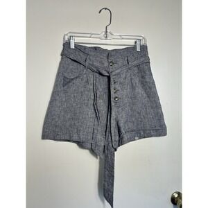EXPRESS Shortie Super High Rise Linen Blend Shorts Blue Gray Button Front Tie S